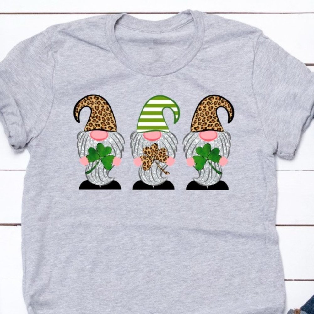 New St Patrick's Day Leopard Print Gnomes XS Grey Bella Canvas Gnome T-Shirt